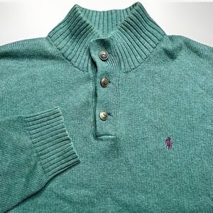 Vintage Polo Ralph Lauren Sweater Mens XXL Green 1/4 Button Henley Heavy Cotton